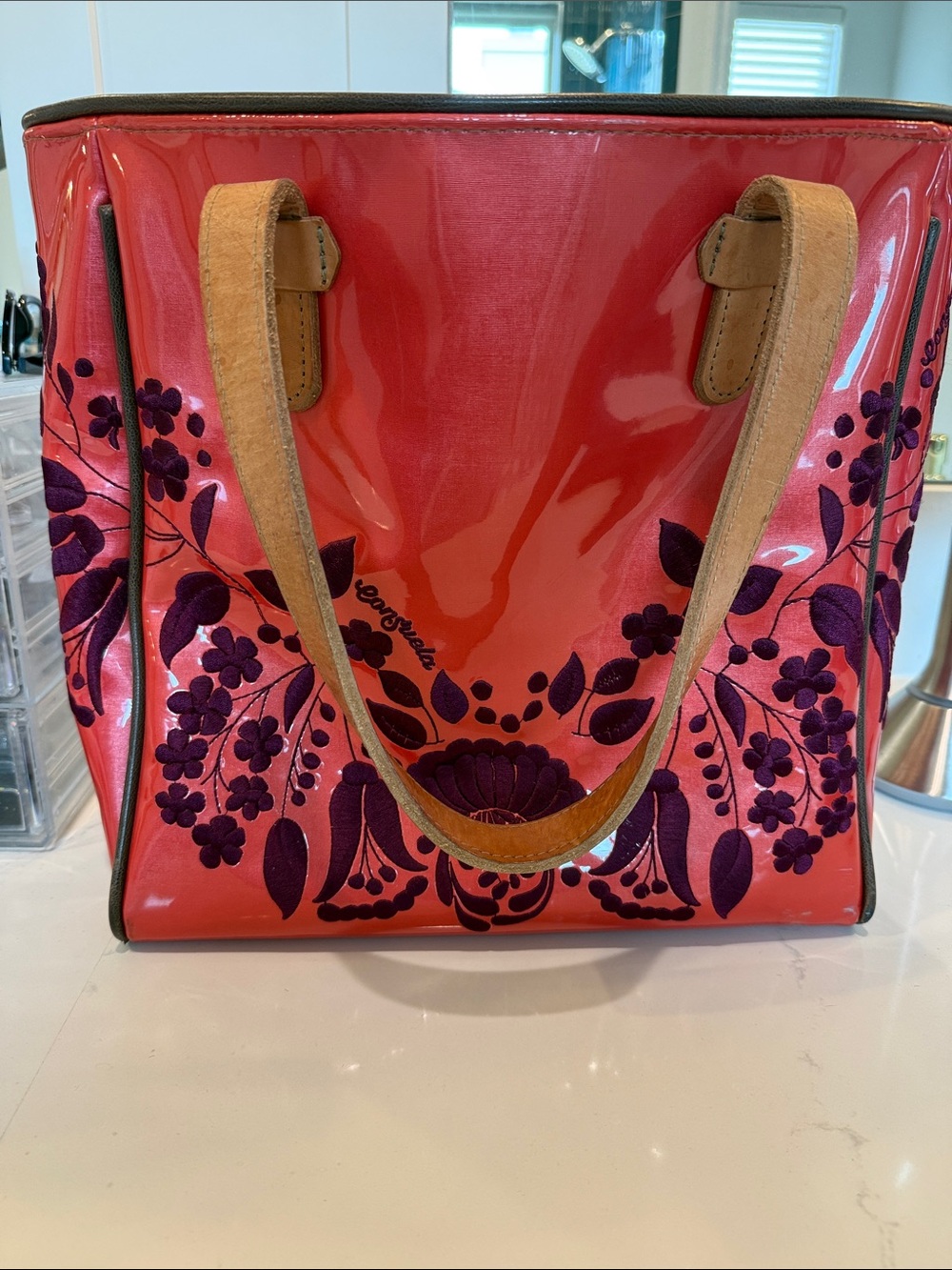 Consuela Coral Tote with Purple Floral Embroidery